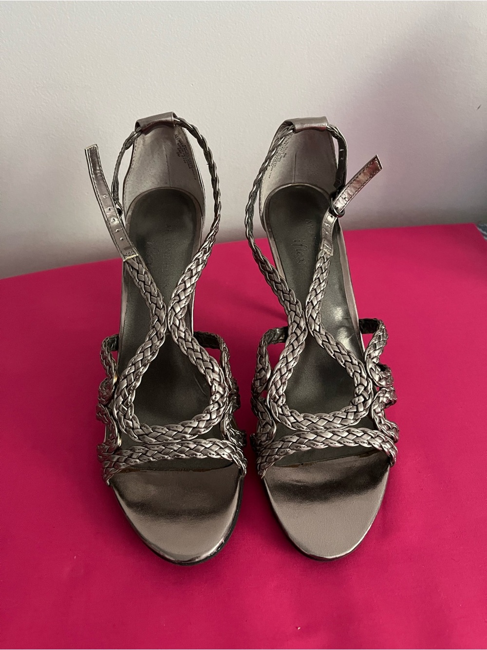 Anne Klein Braided Strappy Heels in Silver Metallic size 9